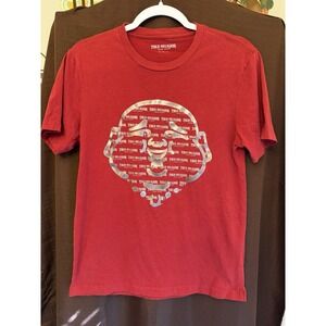 True Religion T-Shirt Men's S Red Dahlia Scripted Buddha Face Tee Graphic Silver